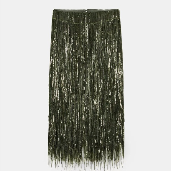 Zara Black and Green Fringe Midi Skirt - Picture 3 of 4